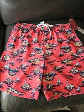 Chaps Red Nautical-Print Swim Trunks Medium New